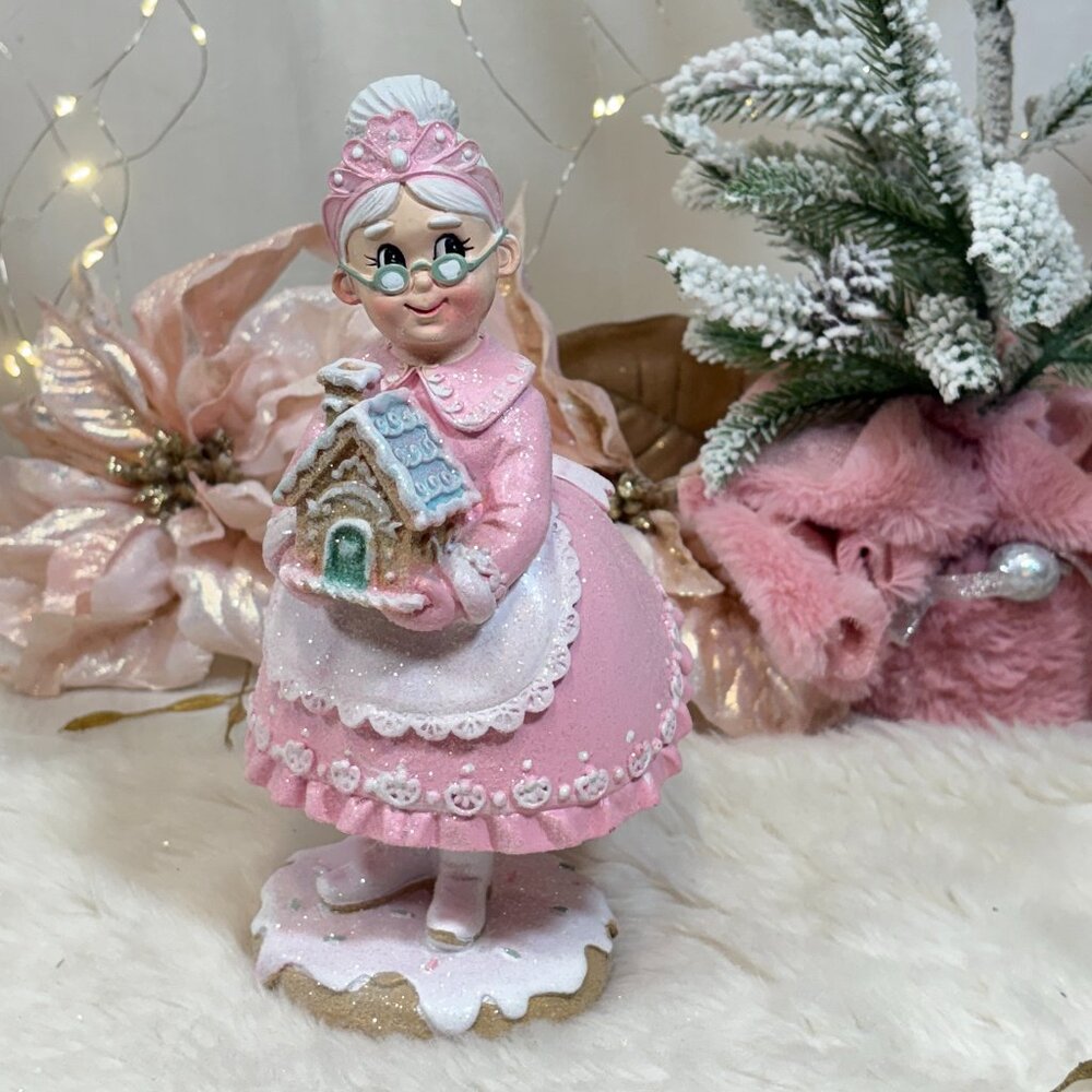 Pink Christmas Mrs. Claus Baking Gingerbread Cookie House Figurine New 8"